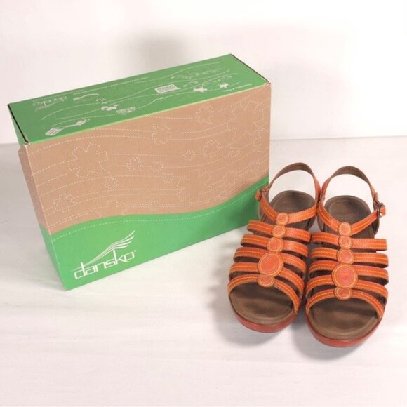 Dansko LEATHER Sandals Women Strappy Drea Tangerine Slingback Wedge EU 40 US 9.5 - Picture 1 of 13